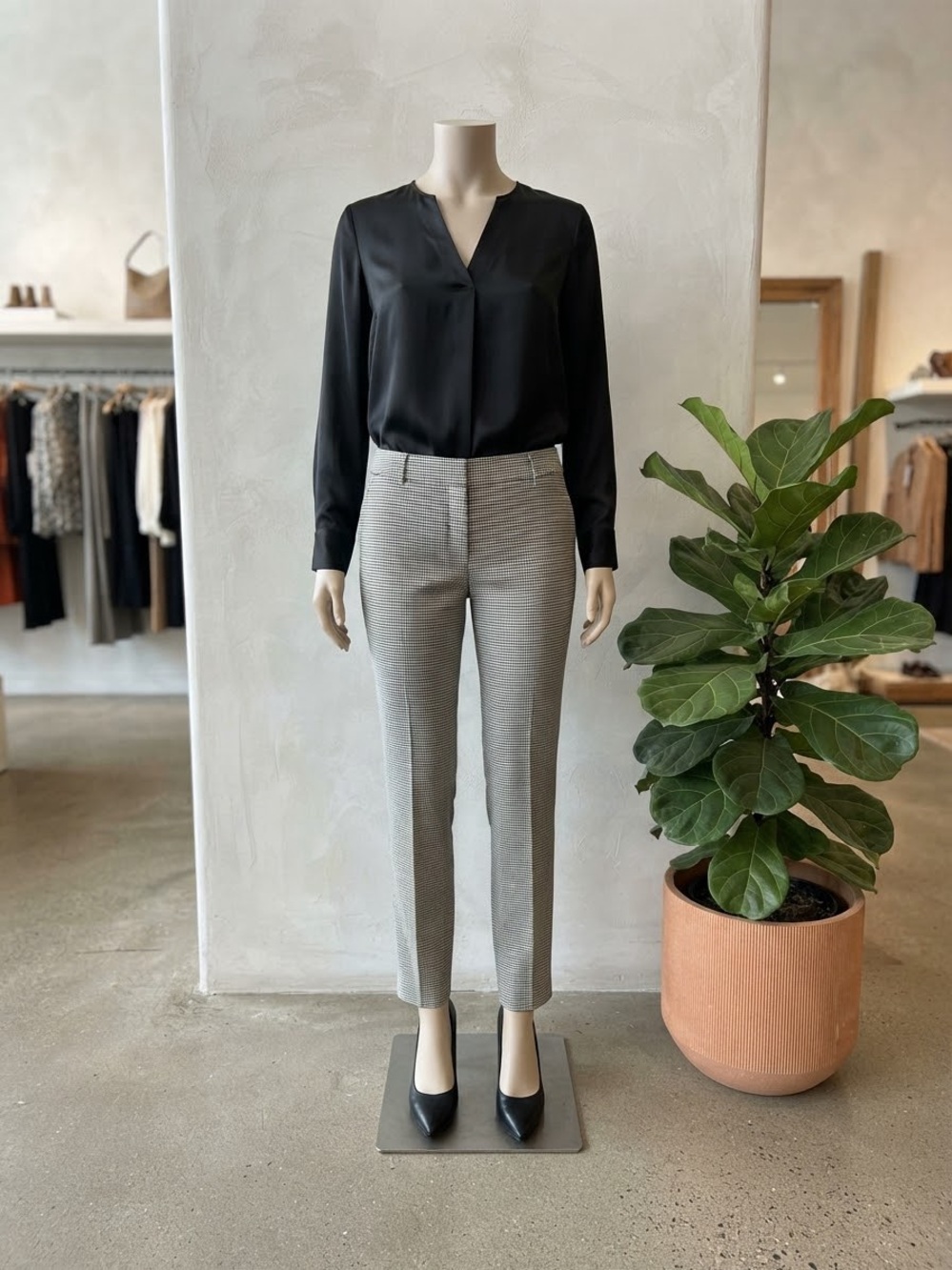 Talbots Black Blouse with Gray Houndstooth Ankle Trousers